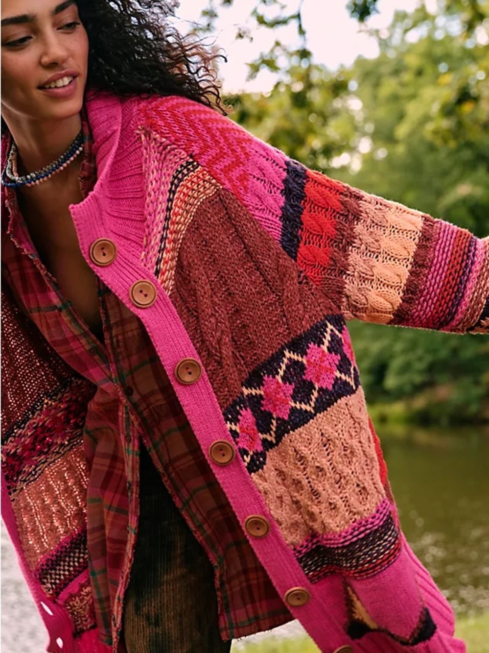 Free People Pink Multicolor Patterned Knit Cardigan Argyle XL NWT